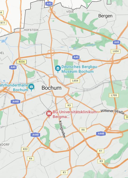 Karte Bochum mit Jahrhunderthalle, Bergbau-Museum
