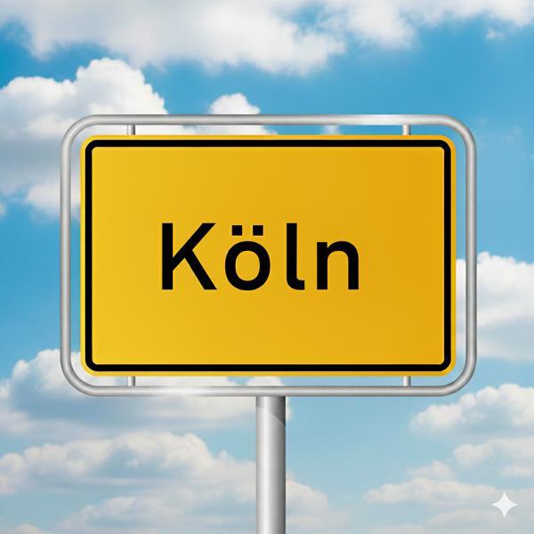 Kölner Straßenschild vor einem blauen Himmel