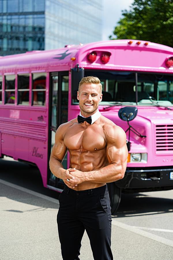 Topless Stripper vor einem pinken Partybus